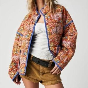 Women's Floral Print Stand Collar Matching
Pocket Faux Quilted Padded Jacket M